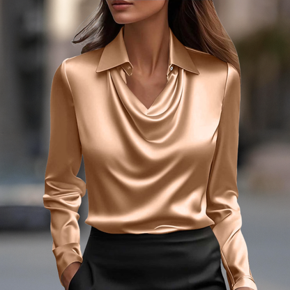 Milan Chic Silky Satin Draped Neck Blouse